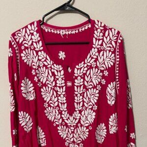 Women's Embroidered Kurta Long Shirt Hot Pink White Size XL 46 Top Only